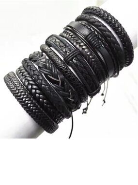 10 x Set Unisex Bracelet Faux Leather Braided Star Charm Stack Adjustable Black